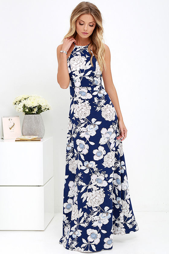 Blue Floral Print Dress - Maxi Dress - $59.00