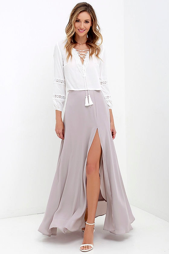 Lovely Taupe Maxi Skirt - High-Waisted Skirt - Slit Maxi Skirt ...