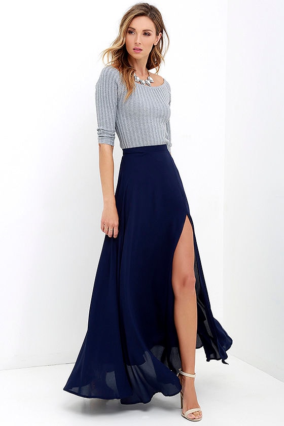 Lovely Navy Blue Maxi Skirt - High-Waisted Skirt - Slit Maxi Skirt ...