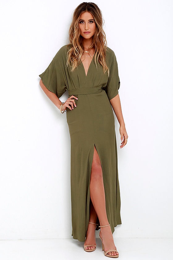 Olive Green Maxi Dress - Short Sleeve Maxi Dress - Casual Maxi ...