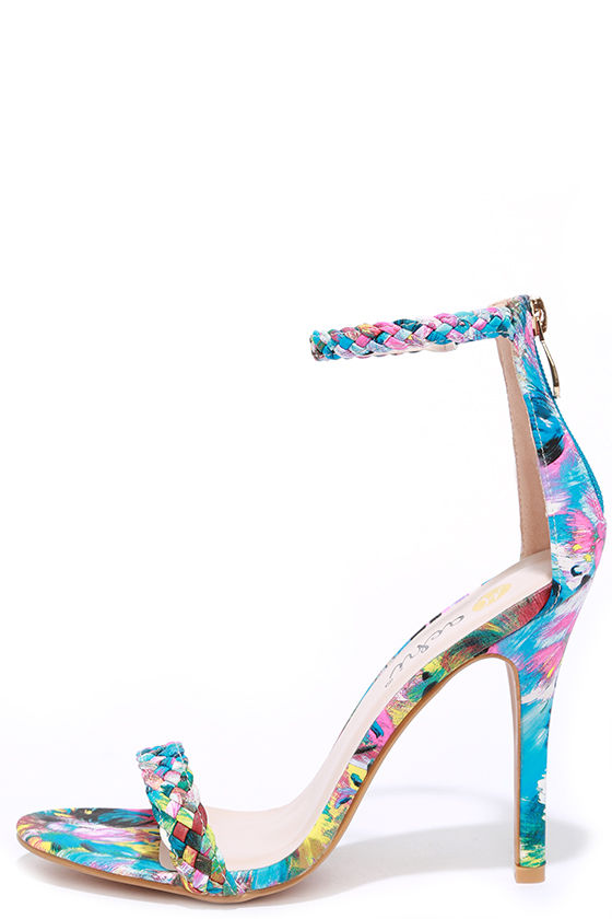 Braid for Each Other Multi Print Ankle Strap Heels at Lulus.com!