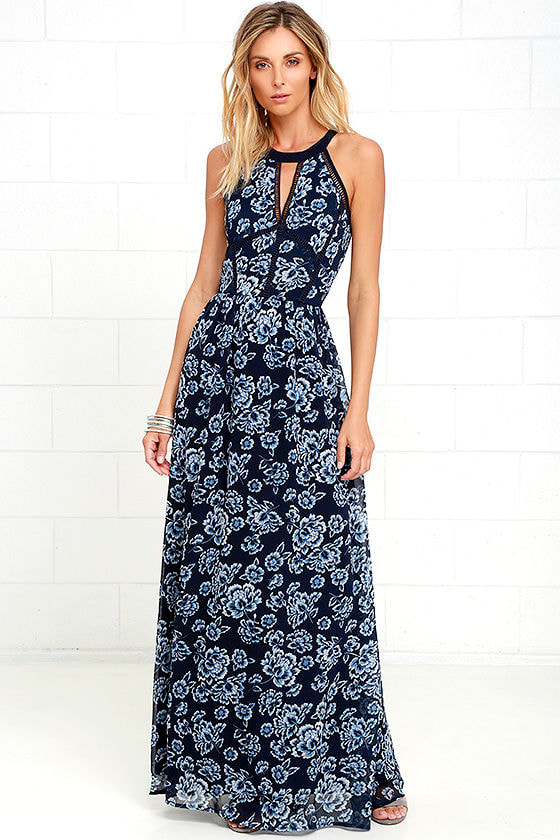 Stunning Navy Blue Maxi Dress - Floral Print Dress - Gown - $74.00