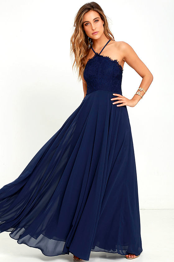 Stunning Navy Blue Dress - Maxi Dress - Halter Dress - Lace Dress ...