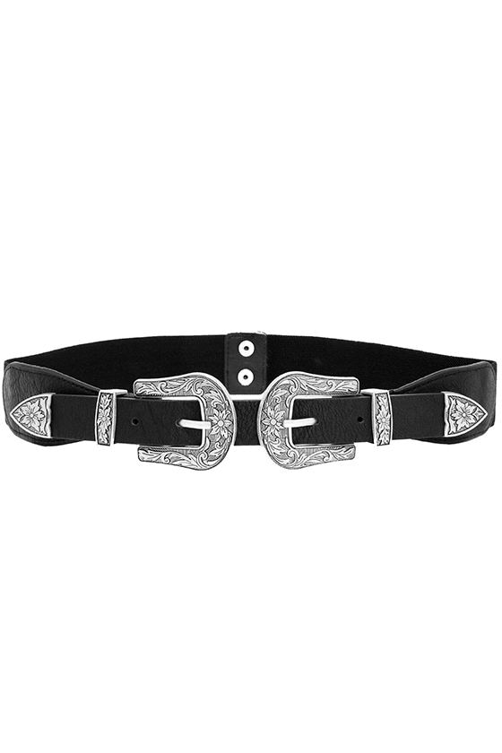 Stylish Double Buckle Belt - Black and Silver Belt - Elastic Belt - $15.00