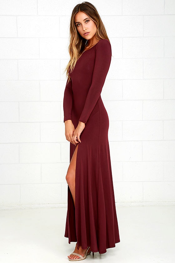 Chic Burgundy Dress - Maxi Dress - Long Sleeve Dress - $64.00