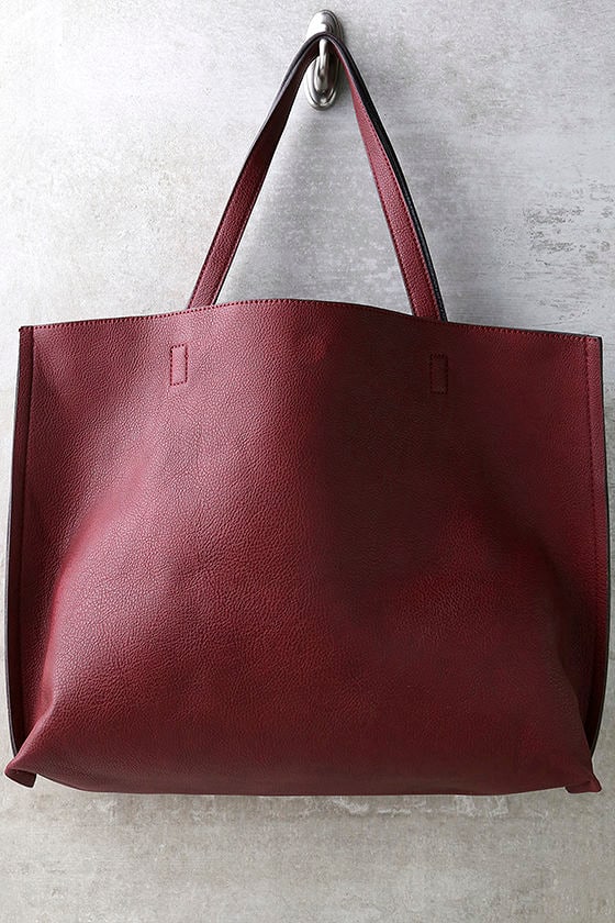 Wine Red and Black Tote - Reversible Tote - Vegan Leather Tote ...