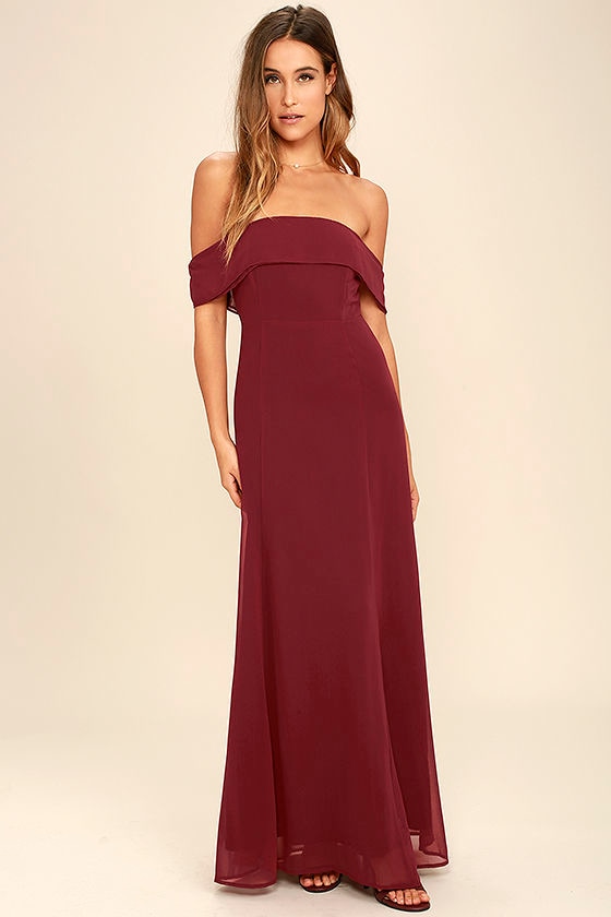 Lovely Wine Red Dress - Off-the-Shoulder Dress - Maxi Dress - Gown ...