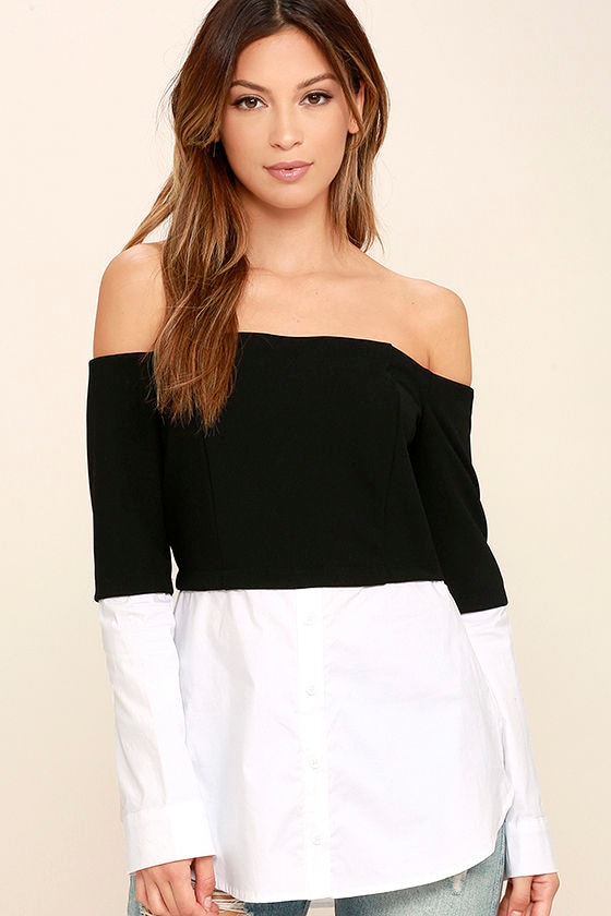 Profess Your Love Black and White Off-the-Shoulder Top