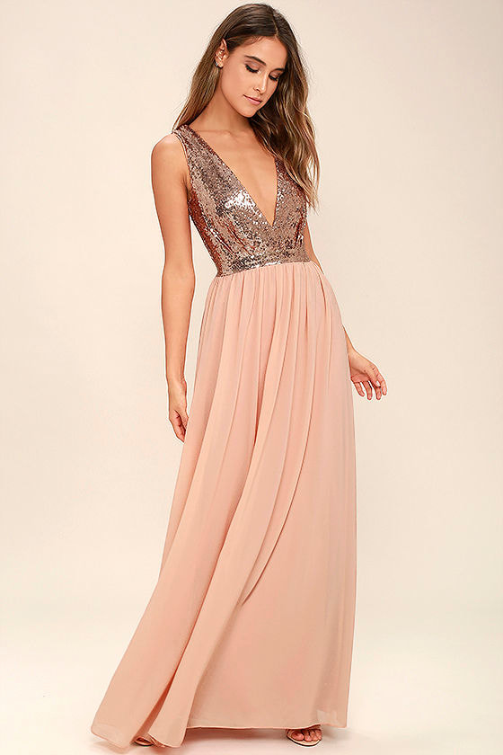 rose gold maxi dress with sequin top
