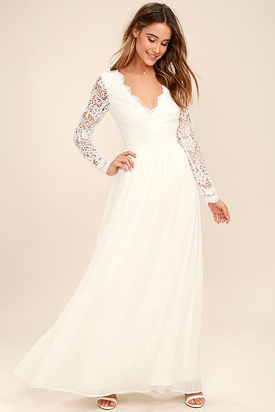 Lovely White Dress - Maxi Dress - Lace Dress - Long Sleeve Dress ...
