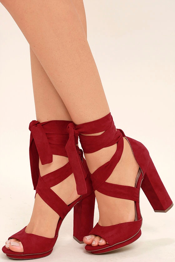Lovely Dark Red Heels - Lace-Up Heels - Vegan Suede Heels - $33.00