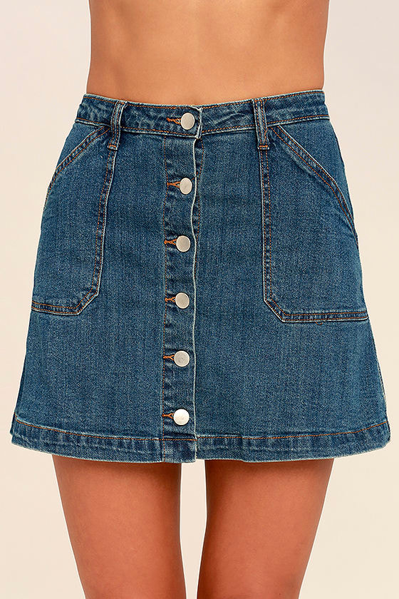 Cute Medium Wash Denim Skirt - Mini Skirt - A-Line Skirt - Button-Front ...