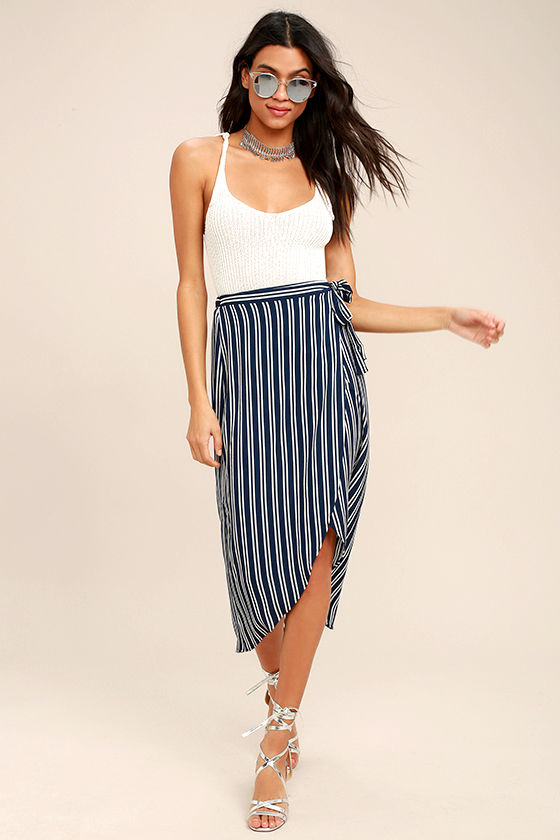 Cute Blue and White Skirt - Striped Skirt - Wrap Skirt - Midi ...