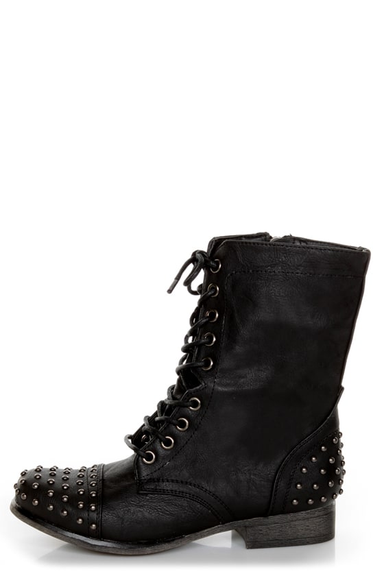 Madden Girl Gewelz Black Studded Lace-Up Combat Boots - $59.00