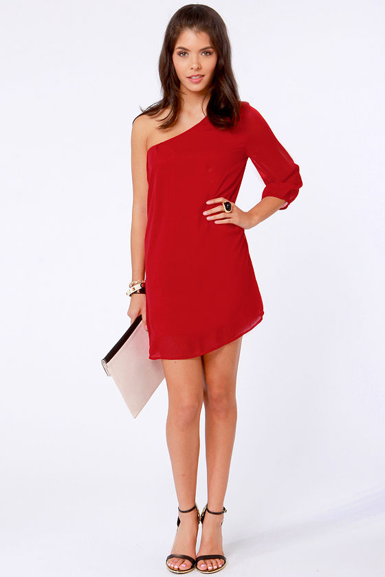 Cute One Shoulder Dress - Red Dress - Shift Dress - $38.00