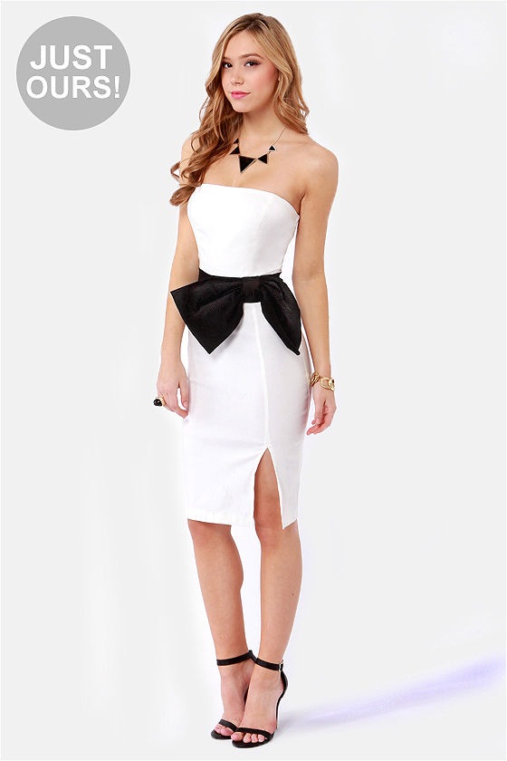 Pretty Strapless Dress - White Dress - Midi Dress - $41.00