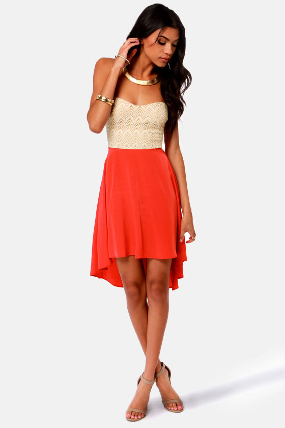 Cute Beige and Coral Red Dress - Lace Dress - Strapless Dress - $45.50