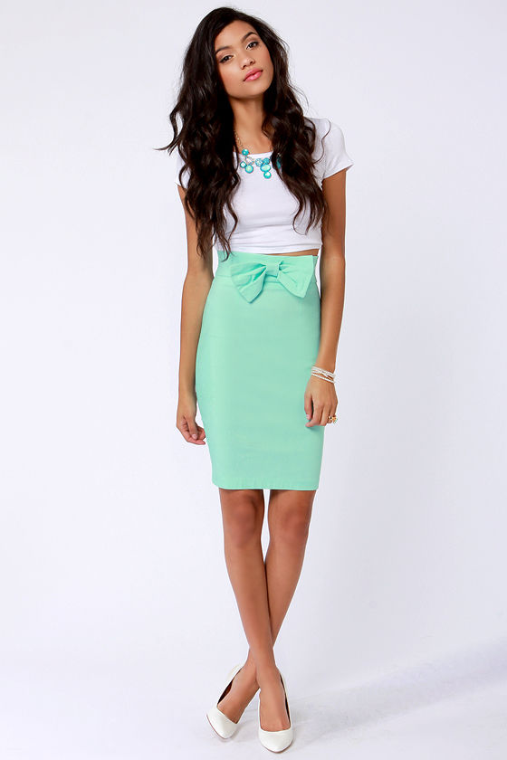 Cute Mint Blue Skirt - Pencil Skirt - Bow Skirt - $34.00