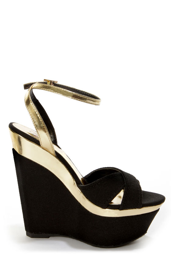 My Delicious Angeni Black Cotton and Gold Platform Wedge Sandals - $32.00
