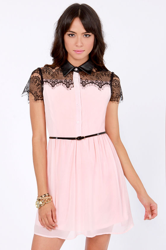 Cute Light Pink Dress - Lace Dress - Leather Collar Dress - $46.00
