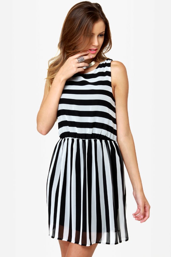 Pretty Black and White Dress - Striped Dress - Sleeveless Dress ...