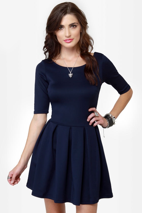 Adorable Navy Blue Dress - Skater Dress - Short Sleeve Dress ...