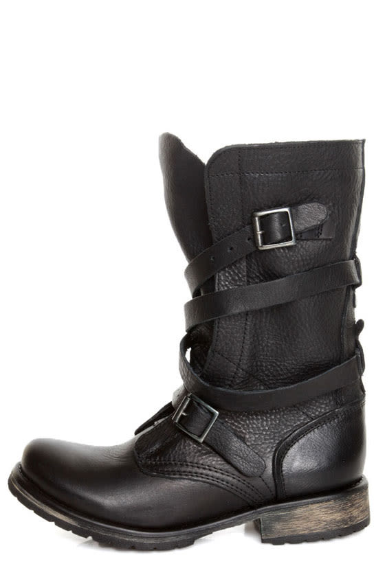 Steve Madden Banddit Black Leather Slouchy Belted Combat Boots ...