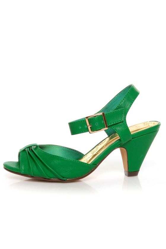 Mona Mia Amparito Green Ruched Peep Toe Kitten Heels - $38.00